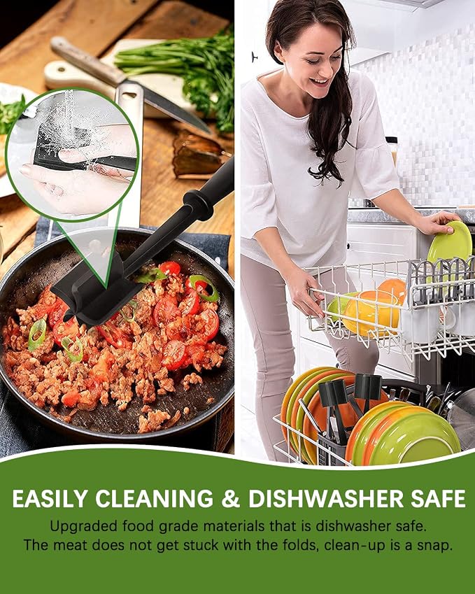 2Pack Meat Chopper Hamburger Masher Ground Beef Smasher Utensil Mix Tool | Upgrade Heat Resistant Meat Masher, Nylon Potato Mashers Beef Smasher, Dishwasher Safe Non Stick Mix & Chop Tool Gift-Black