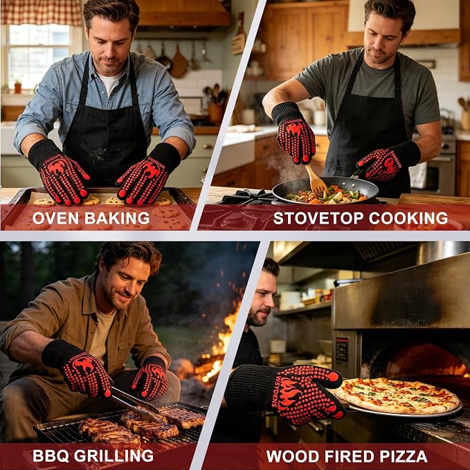 BBQ Gloves Heat Resistant 1472°F, Long Cuff Aramid Fiber Oven Mitts with Non-Slip Silicone, Grilling Gifts for Men, Dad, Husband, Smoker and Kitchen Cooking, Black/Red