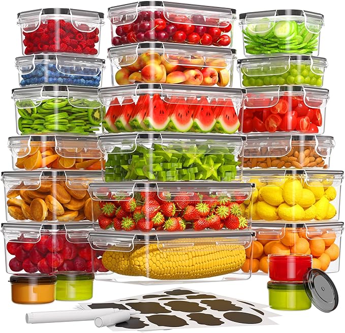 44 PCS Food Storage Containers with Lids Airtight (22 Containers & 22 Lids), Leak proof Meal Prep Container Set for Kitchen Storage, BPA-free, PVC-free Plastic, Microwave/Dishwasher Safe, Labels & Pen | 22 Containers & 22 Lids, Leak Proof, Meal Prep, K...