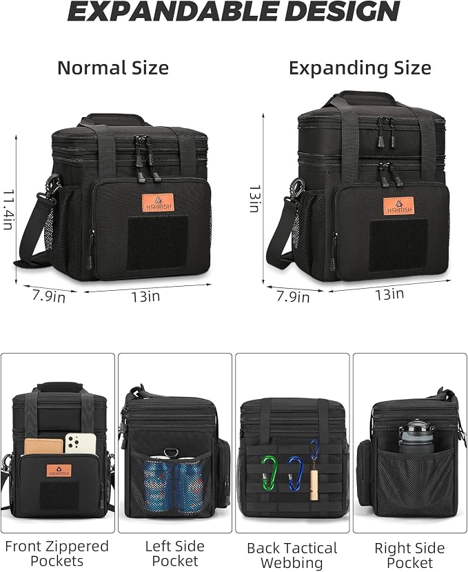 HSHRISH Expandable Large Tactical Lunch Box for Adults, Durable Insulated Lunch Bag with Lots of Storage Space, Cooler Bag for Men Women Work Outdoor Picnic Trip, 16 L, Black
