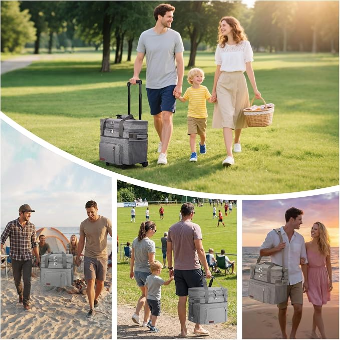 MIYCOO Cooler Bag with Wheels, 60 Can Expandable Double Deck Cooler | Leakproof Insulated Soft Lunch Cooler, Extra Large Portable Ice Chest Cooler for Beach, Picnic, Camping, Shopping (Gray)