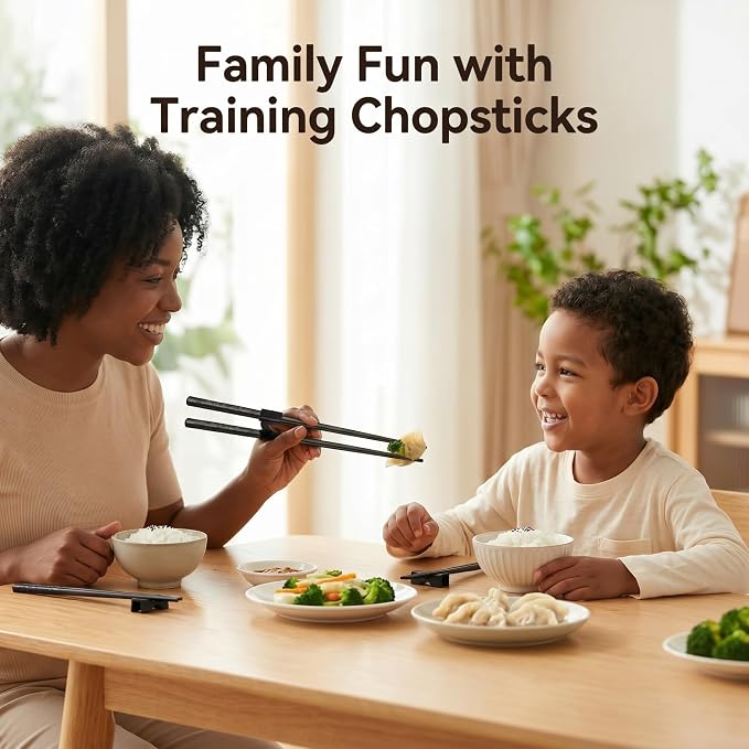 Fiberglass Training Chopsticks Set of 8 Pairs, Chop Sticks Reusable Dishwasher Safe with Chopsticks Helper for Beginners Kids&Adults, Non-Slip Durable Black Chopsticks for Sushi/Noodles/Daily Use