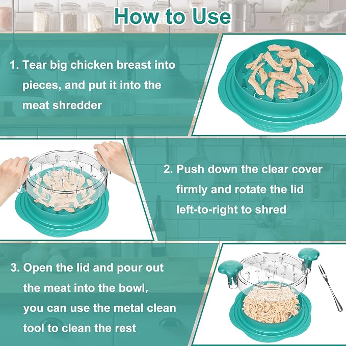 Chicken Shredder Tool Twist Large Meat Shredder with Brush&Fork, Teal | Visible Chicken Breast Shredder, Strong Anti-Slip Strip, Ergonomic Handle, BPA Free, Kitchen Gadgets for Pork Beef Chicken