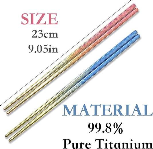TIAKO 2 Pair Titanium Chopsticks Set (Blue & Pink) | 99.8% Pure Titanium | Anodized Color Finish | Gift Box for Wedding, Anniversary, Housewarming & Daily Use