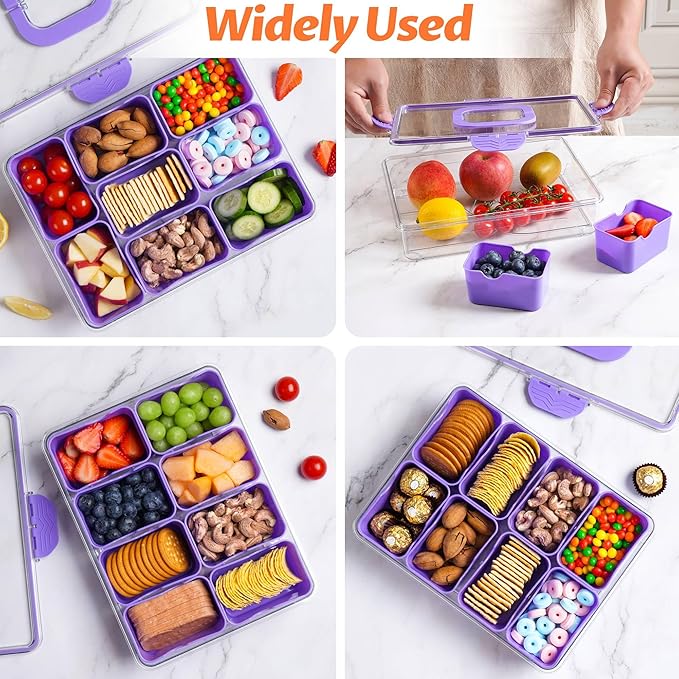 Snackle Box Container Dishwasher Safe Divided Serving Tray with Lid Handle | Charcuterie Board for Portable Snack Platters, Organizer for Fruits Snacks, Perfect for Road Travel - Purple