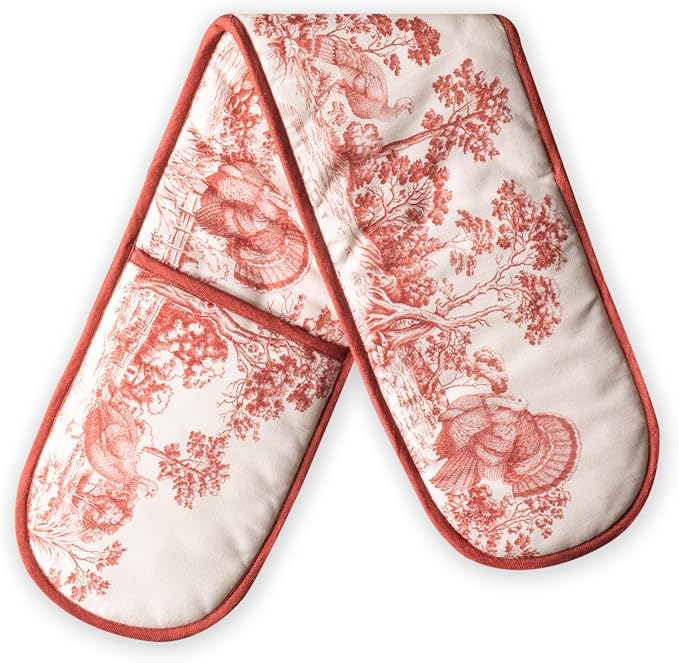 Maison d' Hermine Double Oven Mitts 100% Cotton Double Oven Glove (7"x35") | Heat Resistant BBQ Cooking Gloves with Loop Baking Kitchen Home Hotel Farmhouse Thanksgiving Christmas - Holy Jouy - Red