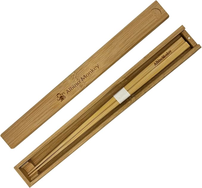 Albino Monkey Japanese Wooden Chopsticks With Case - Reusable Bamboo Chopstick Gift Set with Holder and Wooden Box - For Sushi Lovers, Office Lunch, and Asian Dining Gifts