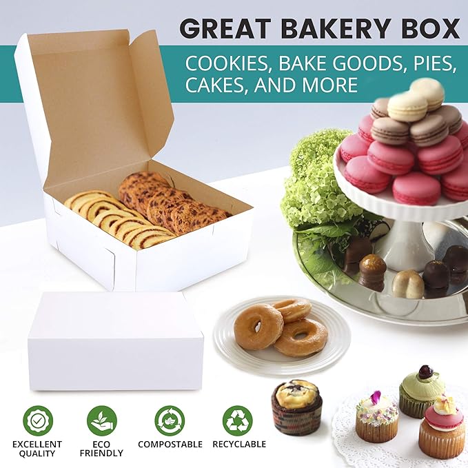 Fit Meal Prep 25 Pack White Bakery Boxes, 6 x 6 x 3 Inches Kraft Lining Pastry Boxes, Cardboard Treat Boxes Pie Boxes Cookie Boxes Dessert Boxes for Cupcakes, Chocolates, Donuts, Macarons