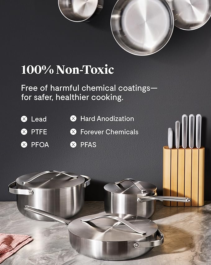 Caraway Stainless Steel Sauce Pan (3 Qt) - 5-Ply Stainless Steel - Oven Safe & Stovetop Agnostic - Non Toxic, PTFE & PFOA Free