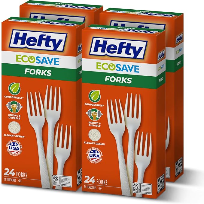 Hefty ECOSAVE Compostable Forks, 4 Pack, Disposable Forks for BBQs, Tailgates, Camping, Parties, and More, Strong and Durable Construction, Sustainable Design, 24 Forks per Pack, 96 Forks Total