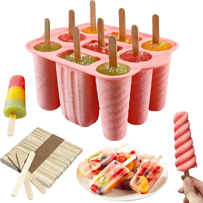 Popsicles Molds, 9 Cavity Silicone Popsicle Molds Easy-Release BPA-free Popsicle Maker Molds Ice Pop Molds Homemade Popsicle Ice Pop Maker with 50 PCS Popsicle Sticks