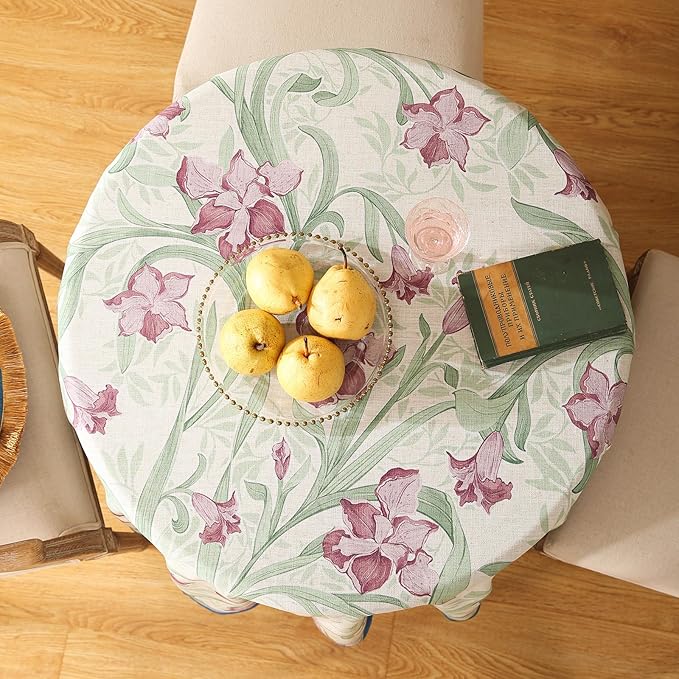 patdrea Designer Vintage Green Tablecloth for Round Table,Framhouse Linen Violets Pattern Tablecloths,Floral Table Cover Decor for Kitchen Dining Christmas,Thanksgiving,Diameter 67"-Tara a