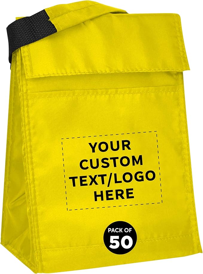DISCOUNT PROMOS 50 Hook and Loop Insulated Lunch Bags Set - Customizable Text, Logo - Polyester, Durable, Vibrant, Reusable - Yellow