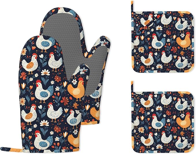 Cute Roosters Hens Chicks Heat-Resistant Silicone Oven Mitts and Pot Holders,Flower Field Long Oven Gloves with Non-Slip Grip for Cooking, Baking, Grilling,BBQ
