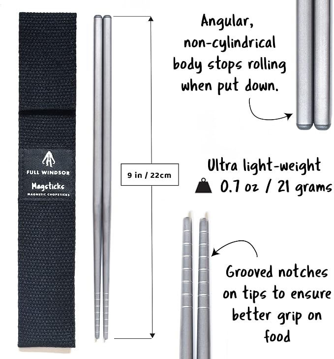 FULL WINDSOR - MAGSTICK - Magnetic Titanium Chopsticks, Reusable Metal Utensils for Travel, Camping, Cooking, Hiking, Dining, Lightweight Portable Set w/ Case for Daily Use Essential Accessories