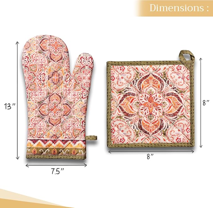 Maison d' Hermine 100% Cotton Oven Mitt & Pot Holder Set (7.5"x13" & 8"x8") | Heat Resistant BBQ Cooking Gloves with Loop Baking Grilling Kitchen Hotel Home Farmhouse Thanksgiving Christmas - Damask