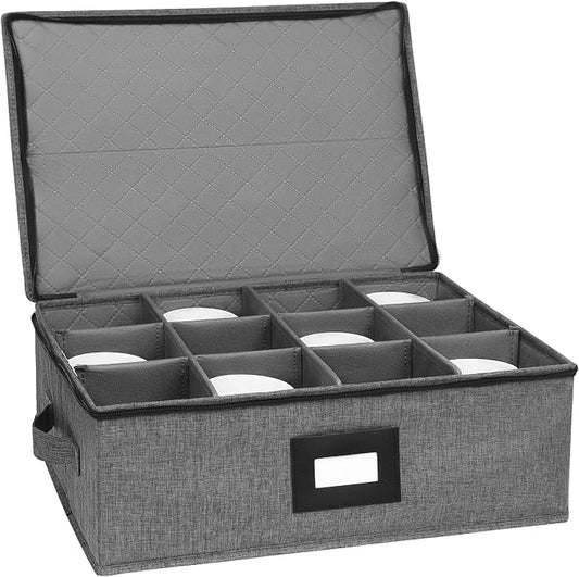 Mug Storage Box with Dividers, China Cup Storage Containers For Tea Cups | Coffee Mugs Storage Box with Zipper Lid and Rivet Reinforced Handles, Hard Shell and Stackable (Black)
