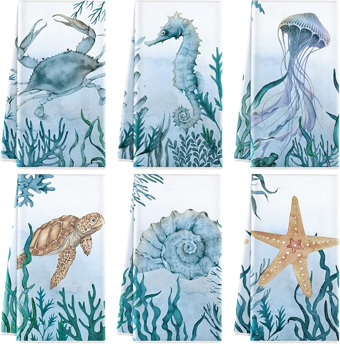 Boyiee 6 Pcs Beach Kitchen Towels Set, Ocean Sea Animal Nautical Tea Towels, 24 x 16 Inches Absorbent Cloth, Coastal Starfish Turtle Jellyfish Hand Dishcloths for Farmhouse Bathroom & Kitchen Decor