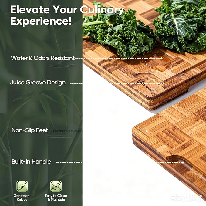 Bamboo Cutting Board Set of 2 Wooden Cutting Boards for Kitchen Wood | Heavy Duty Thick Checkered, Wooden Wood Cutting Board, Deep Juice Grooves, Non-slip Feet, 2 Pack