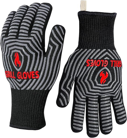 QUWIN BBQ Gloves, 1472°F Heat Resistant Grilling Gloves Silicone Non-Slip Oven Mitts, Kitchen Gloves for BBQ, Grilling, Cooking, Baking(One Size Fits Most, Black)- 1 Pair