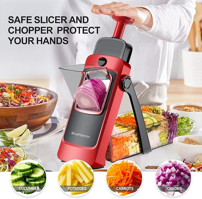 SUPMAKIN Safe Mandoline Slicer, Adjustable Vegetable Food Slicer and Chopper, Potato Fries Fry Cutter, Veggie Salad Chopper, New Kitchen Chopping Artifact Gifts (4V RED)