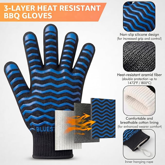 BBQ Gloves 1472°F Heat Resistant Oven Gloves with Fingers Heat Proof Grill Gloves Non-Slip Silicone Oven Mitts for Kitchen Cooking Grilling Baking Smoking