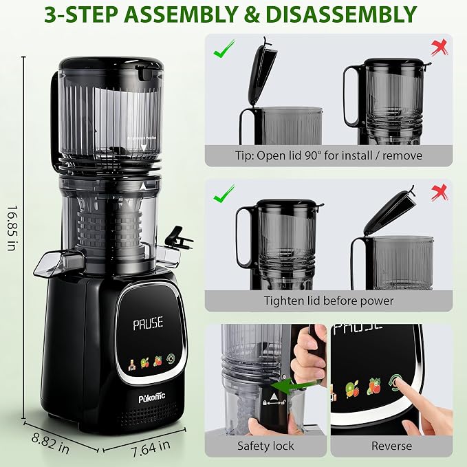 Pukomc Cold Press Juicer with Smart Display and Brushless Motor, | 5.3" Wide Mouth Feed Chute, 300W High Power Slow Masticating Juicer, Whole Vegetables & Fruits Juicing, Easy to Use and Clean