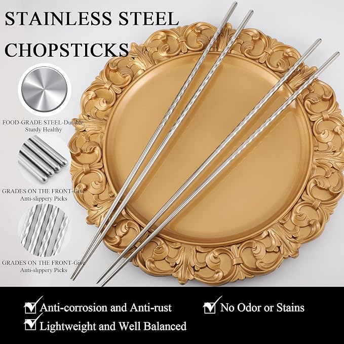 Patelai 4 Pairs Long Cooking Chopsticks 15.3 Inch & 16.5 Inch Extra Long Stainless Steel Wooden Noodles Chopsticks for Kitchen Cooking Frying Hot Pot, Non Slip Threaded(Silver, Wood Color)