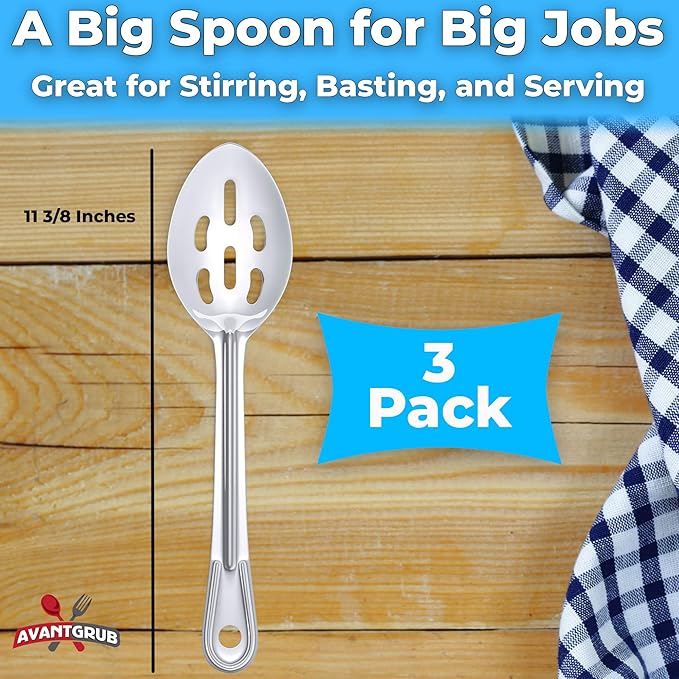 Super Strong, Ergonomic 11 in Serving Spoon 3 Pk. Big, Slotted Stainless Steel Spoons for Cooking, Baking and Basting. Best Kitchen Flatware for Buffet and Banquet Service in Restaurants and Homes