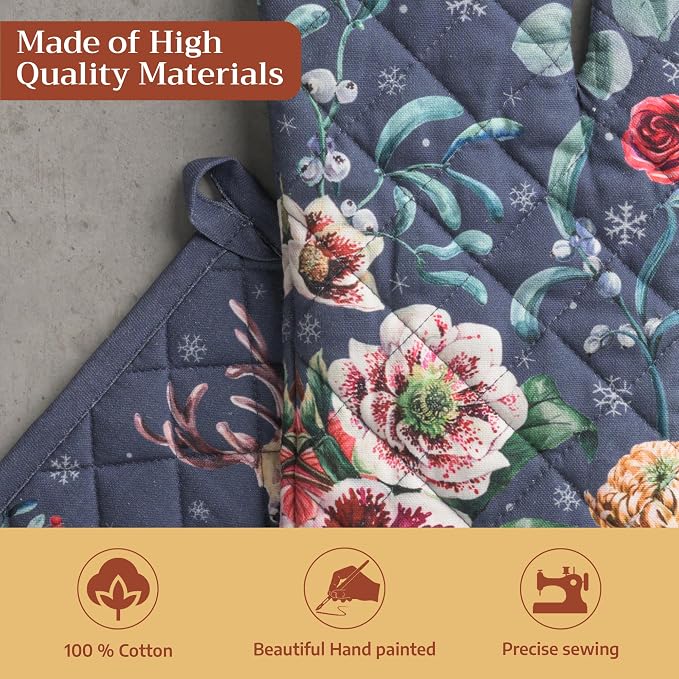Maison d' Hermine 100% Cotton Oven Mitt & Pot Holder Set (7.5"x13" & 8"x8") | Heat Resistant BBQ Cooking Gloves with Loop Baking Grilling Kitchen Home Farmhouse Thanksgiving Christmas - Christmas Joy