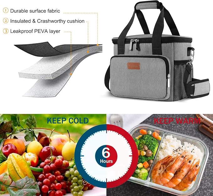 Lunch Bags for Women/Men, Insulated Lunch Bag for Work Office Picnic - Large Lunch Cooler Bag Leakproof Lunch Box with Adjustable Shoulder Strap for Adults - Grey (15L)