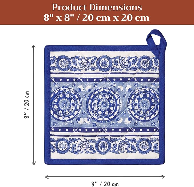 Maison d' Hermine Pot Holders 100% Cotton Potholders (8" x 8", Pack of 2) | Heat Resistant Hot Pads with Loop BBQ Cooking Baking Farmhouse Kitchen Handling Hot Pans Spring Summer - Melodie Bleue
