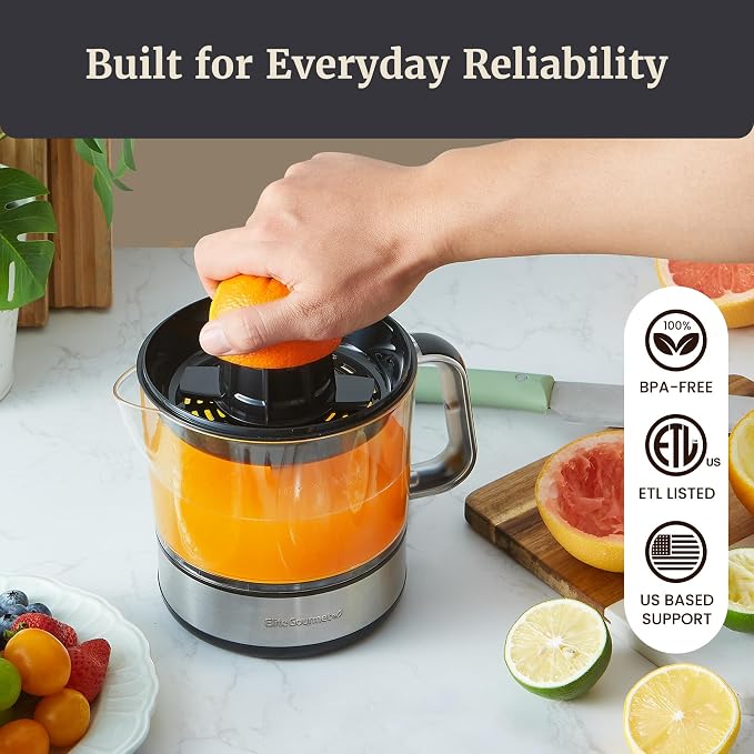 Elite Gourmet ETS623 Electric Citrus Juicer, 24 oz, Black/Stainless Steel | BPA-Free 40-Watt motor, compact large-volume pulp control - juices oranges, lemons, limes & grapefruits, easy-pour spout