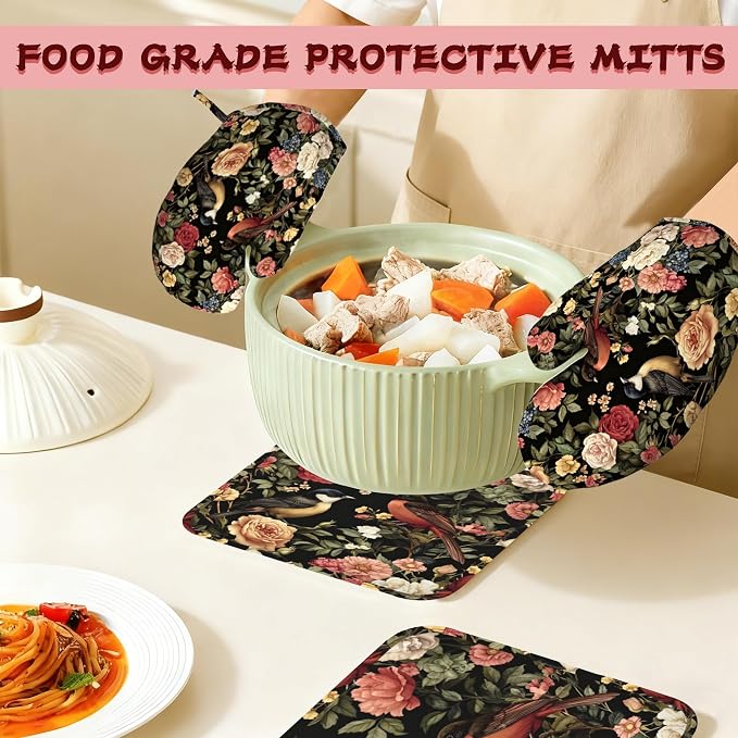 Vintage Rose Peony Floral Oven Mitts and Pot Holders (4PCS),Bird Heat Resistant Non-Slip Silicone Kitchen Gloves for Cooking, Baking, BBQ Waterproof Kitchen Accessories