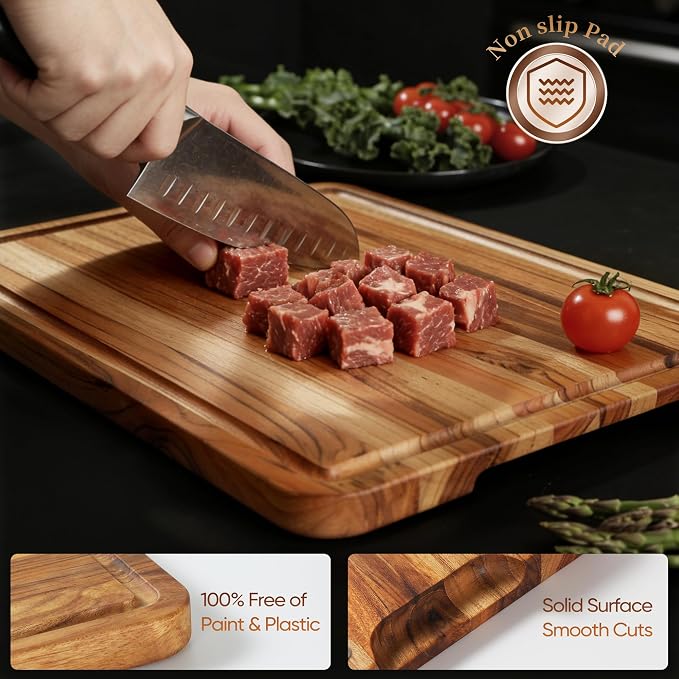 3 Pack Teak Cutting Board Set for Kitchen Wood Charcuterie Board with Juice Groove Wooden Cutting Boards Non Toxic Heavy Duty Slip Over Sink Solid Thick Chopping Board FSC