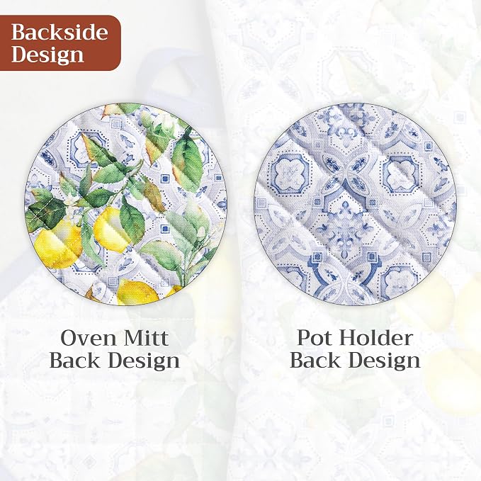 Maison d' Hermine 100% Cotton Oven Mitt & Pot Holder Set (7.5"x13" & 8"x8") | Heat Resistant BBQ Cooking Gloves with Loop Baking Grilling Kitchen Hotel Home Farmhouse Spring Summer - Citrus