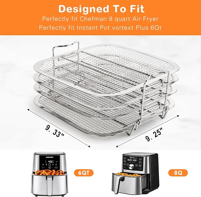 SICHEER 4-Tier Stainless Steel Dehydrator Rack for Instant Vortex Plus 6QT | Compatible with Ninja Foodi Grill & Chefman 8QT Air Fryer, Food-Grade 304 Stainless Steel, Stackable Design