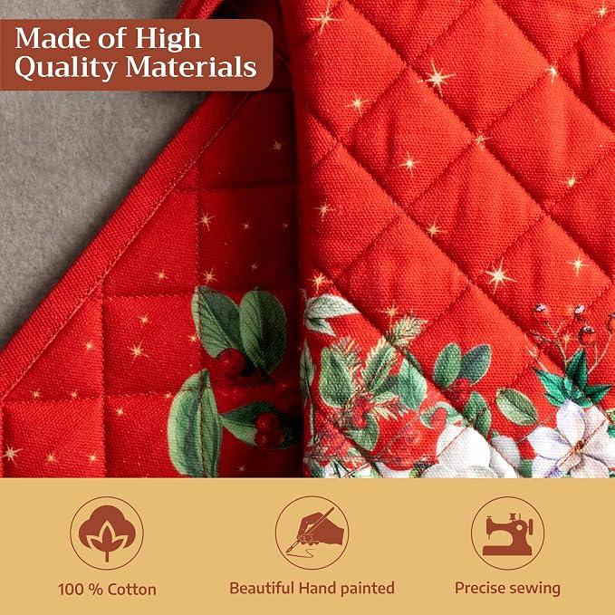 Maison d' Hermine 100% Cotton Oven Mitt & Pot Holder Set (7.5"x13" & 8"x8") | Heat Resistant BBQ Cooking Gloves with Loop Baking Grilling Kitchen Hotel Home Farmhouse Thanksgiving Christmas - Noel