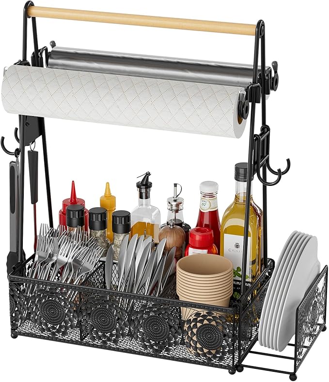 EKNITEY Outdoor Grill Caddy Organizer: BBQ Caddy with Paper Towel Holder | Metal, Camping Kitchen Accessories Rack, Utensil Condiment Storage, Floral Design, Easy Assembly, for Patio Camper Picnic RV