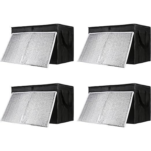 Insulated Food Delivery Bag with Hard Bottom, XXX-Large Insulated Reusable Grocery Cooler/Hot Bags, Tote Bag for Shopping/Travel, Black, 4-Pack