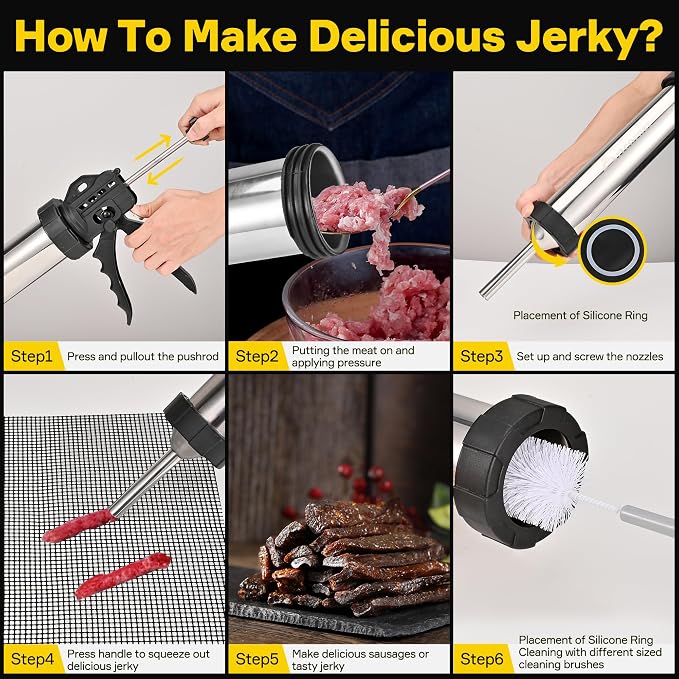 Professional Jerky Gun for Ground Meat | 2.5LB Capacity Jerky Maker Kit with 5 Attachments, 2 Brushes & Storage Net (Food Grade)