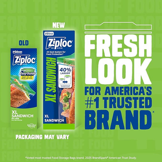 Ziploc XL Sandwich and Snack Bags with EasyGuide Texture, Plastic Storage Bags with Grip 'n Seal Technology, 30 Bags Total