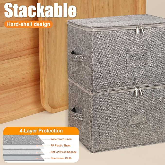 Kukikan Wine Glass Storage Box 2-Pack, Stemware Container Cases, Stackable w/Hard Shell Top Sides Bottom, Moving Supplies, China Storage Containers for 24 Crystal Glasses Drinkware 9.2'' Tall, Grey