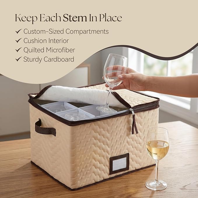 Wine Glass Storage Box with Dividers, Holds 12 Glasses up to 3.75" Wide | 2 Pack, Stemware Storage Case, Protects Fine China, Durable Quilted Microfiber, Carry Handles, Ideal for White Wine
