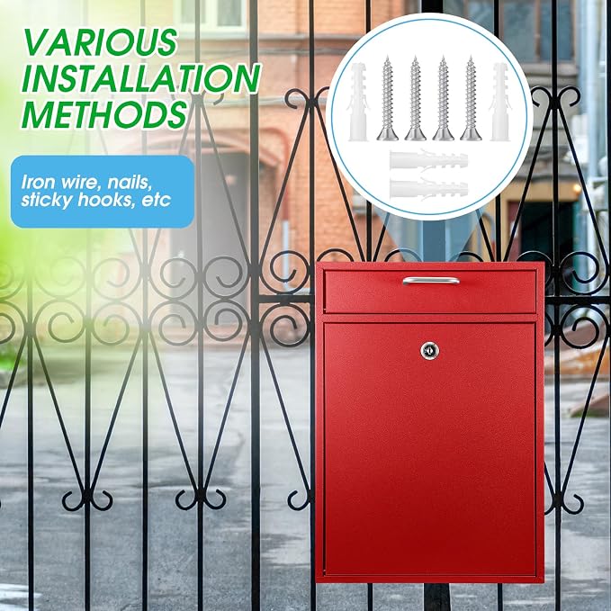 Yaocom Locking Mailbox with Key for Outdoor 16.2 x 11.2 x 4.7 Inches Large Wall Mount Mail Box with Lock Security Mail Drop Metal Collection Boxes Hanging Secure Postbox(Red)