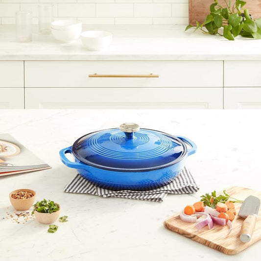 Lodge Essential Enamel Braiser 3.6 Quart - Refrigerator- & Oven-Safe up to 500° F - Heat-Retaining, Induction-Safe & PFAS-Free Enamel Cookware - Caribbean Blue