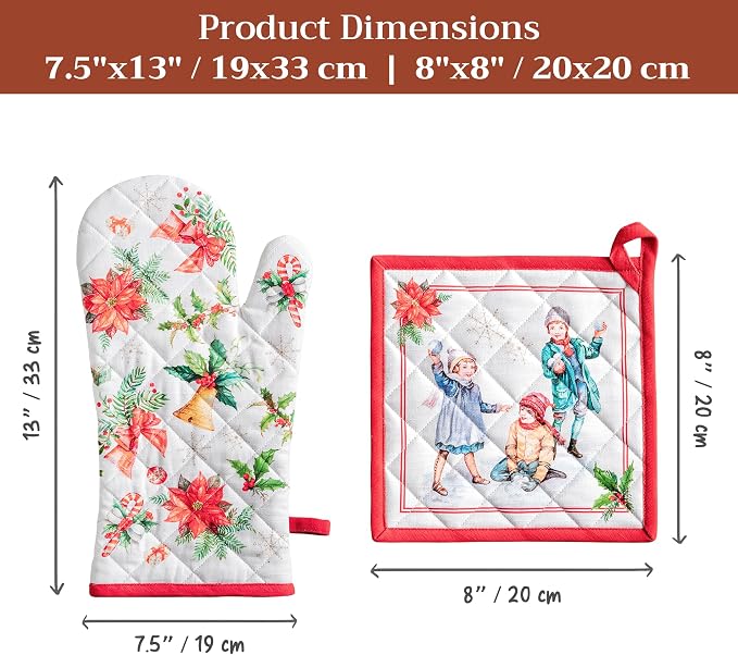 Maison d' Hermine 100% Cotton Oven Mitt & Pot Holder Set (7.5"x13" & 8"x8") | Heat Resistant BBQ Cooking Gloves with Loop Baking Grilling Kitchen Hotel Home Farmhouse Thanksgiving Christmas - Chromo