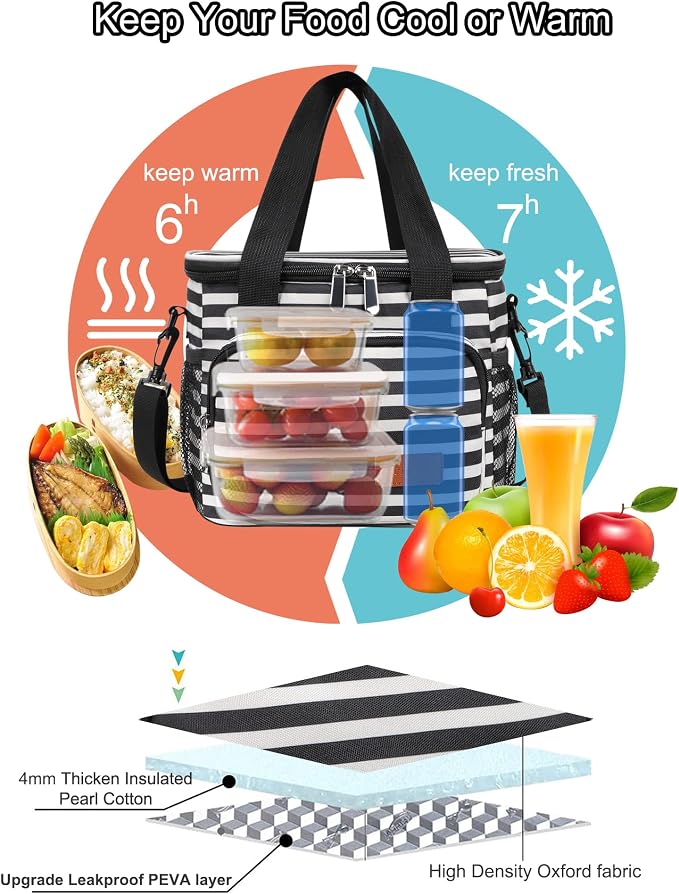 Lunch Bags for Women/Men, Insulated Lunch Bag for Work Office Picnic - Lunch Cooler Bag Leakproof Lunch Box with Adjustable Shoulder Strap - Stripe