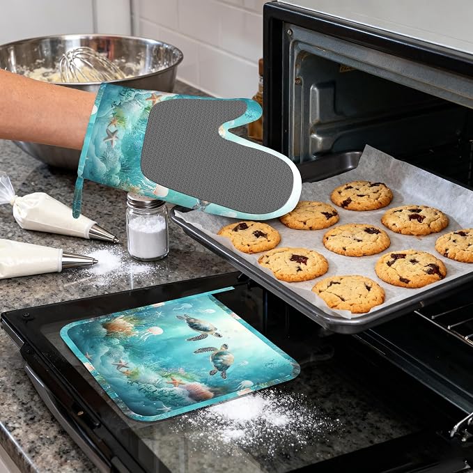 Sea Turtles Oven Mitts and Pot Holders (4PCS),Jellyfish Coral Heat Resistant Non-Slip Silicone Kitchen Gloves for Cooking, Baking, BBQ Waterproof Kitchen Accessories