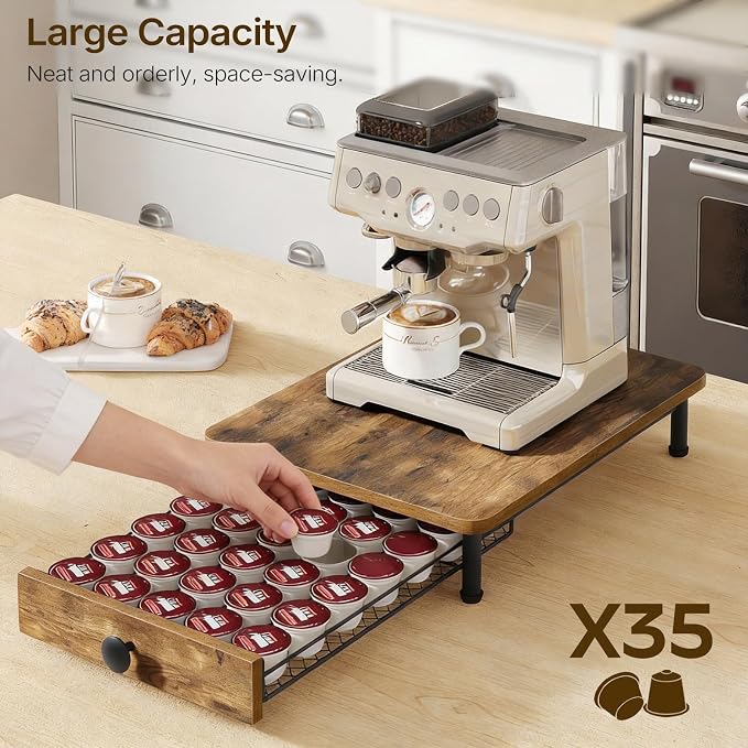 YATINEY Coffee Pod Drawer Holder, Coffee Pod Drawer for K Cup, 35 Capacity Coffee Capsules Storage Organizer, Sliding Mesh Basket, for Home Office, Kitchen, Rustic Brown KH08BRG1
